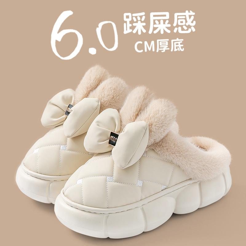 Bow cotton slippers winter piled thickened plush warm non-slip bag and home outdoor cotton shoes winter