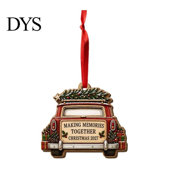 Rustic Hanging Cabin Decor Wooden Christmas House Ornament, 2D Castle Car with Gift Box Set Red String, Tree Pendant, Holiday for Home Indoor Festive