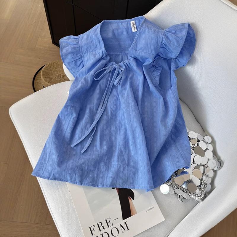 French v-neck fungus edge small flying sleeve shirt women's summer design sense niche chic lace-up loose doll shirt top