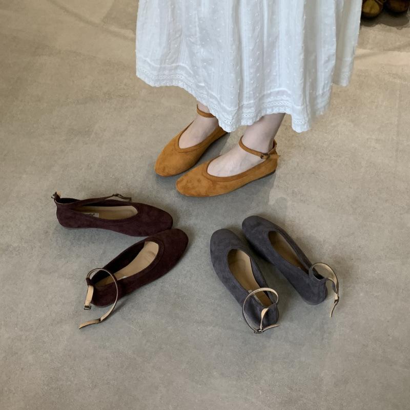 Retro Suede Round Head Shallow Mouth Ladyshoes Single Shoes Women's 2025 Spring and Autumn New Soft-soled Ankle Buckle with Mary Jane Boat Shoes