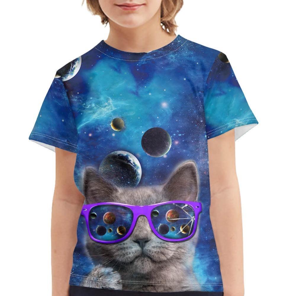 Children's Dinosaur and Cat 3D Digital Printed Boys' Casual and Comfortable Round Neck Short Sleeved T-shirt