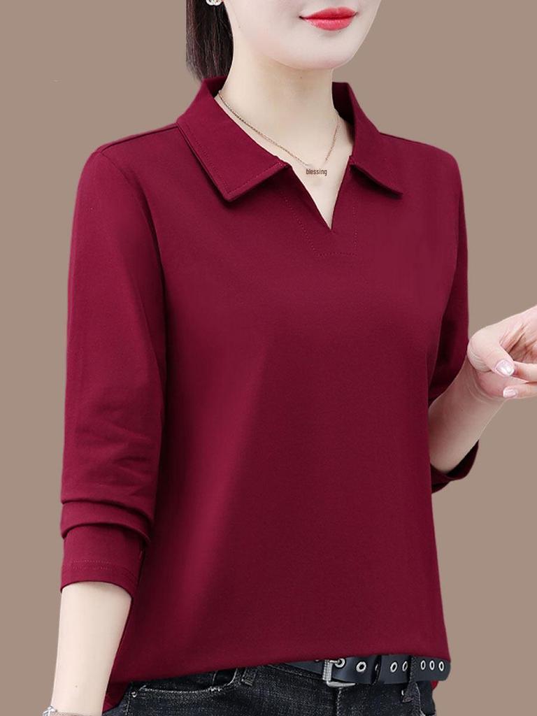 Premium Pure Cotton Long-Sleeve Women's T-Shirt, Spring/Autumn 2026, Plus Size Loose Fit for Middle-Aged Mothers