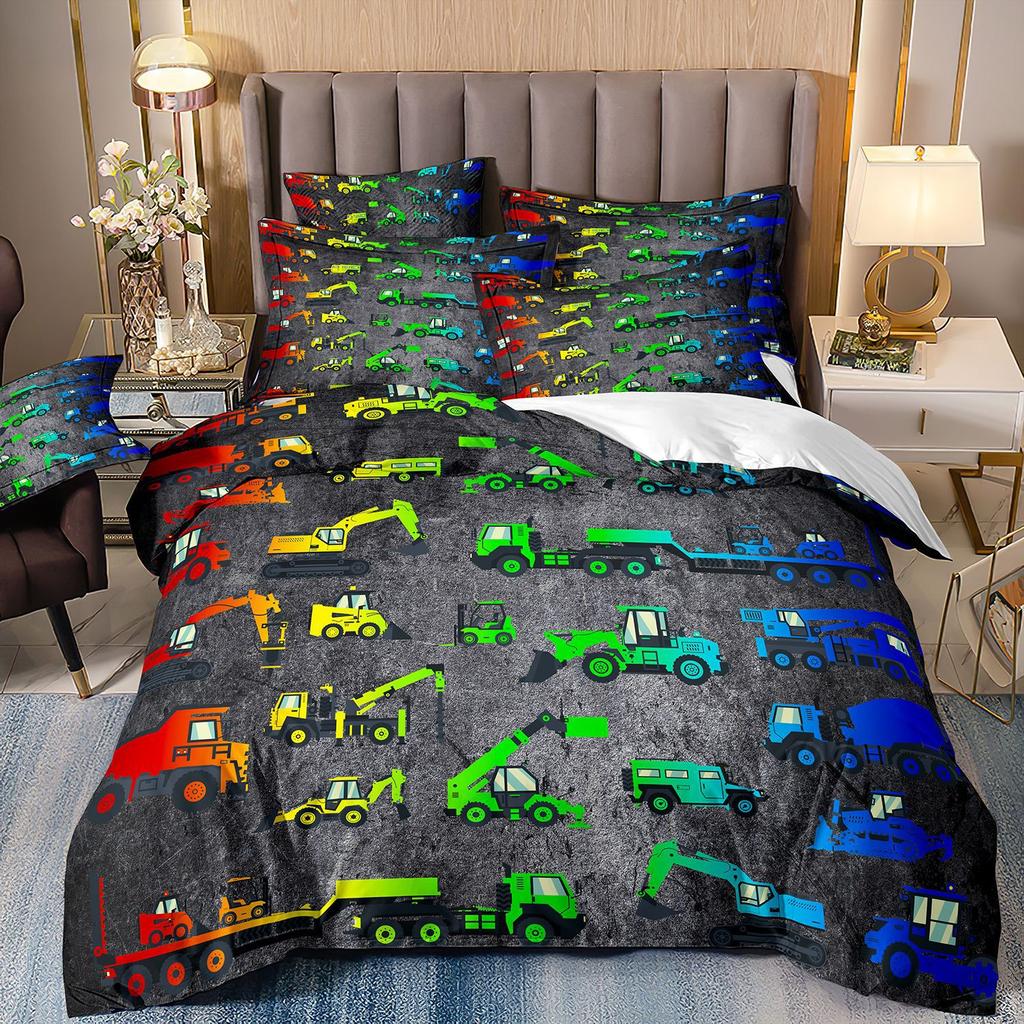 Construction Vehicle Excavator Truck Fire Truck 3D Digital Printing Bed Three-Piece Quilt Kit