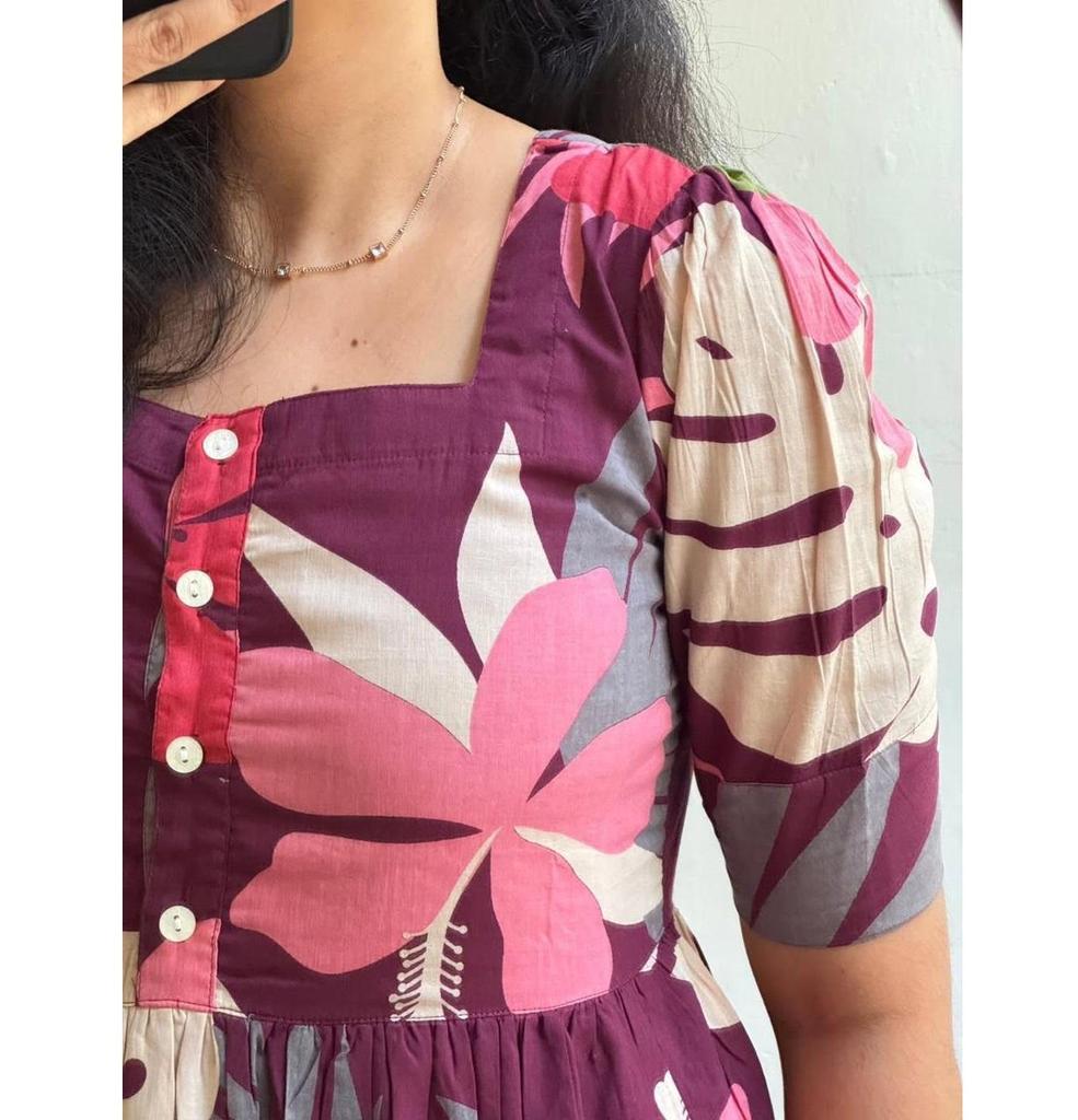 Women Designer Printed Cotton Midi Gown Kurta Party Wear Top Tunic Kurti Dress