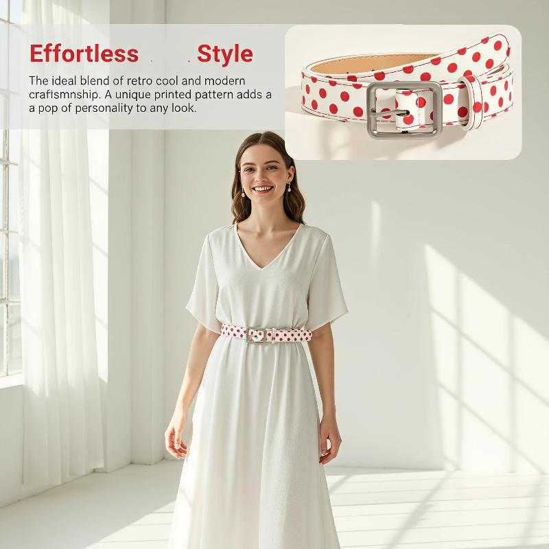 Polka Dot Faux Leather Belt Adjustable Metal Buckle Easy to Clean Cute Print for Women Skirts Jeans Daily Home Wear
