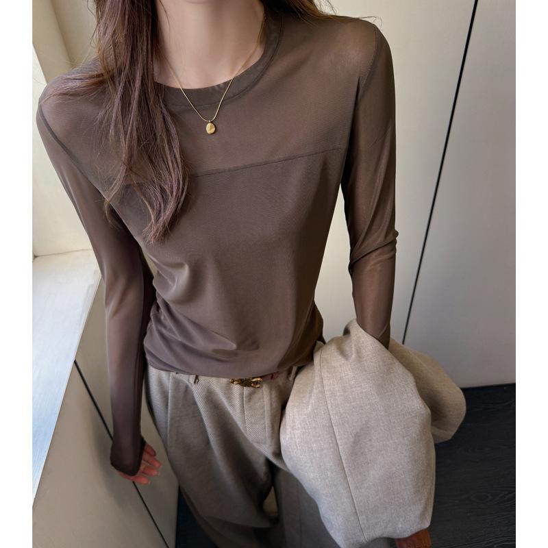 

Новая осенне-зимняя базовая рубашка с круглым вырезом и сетчатой вставкой для женщин с длинными рукавами, облегающий топ S коричневый