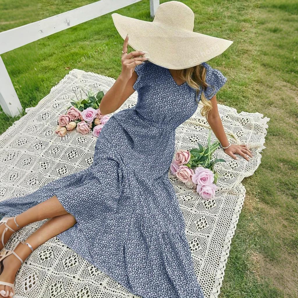 Abito da donna con scollo a V, vita alta, stampa floreale, multistrato, manica corta, casual, maxi, per l'uso quotidiano