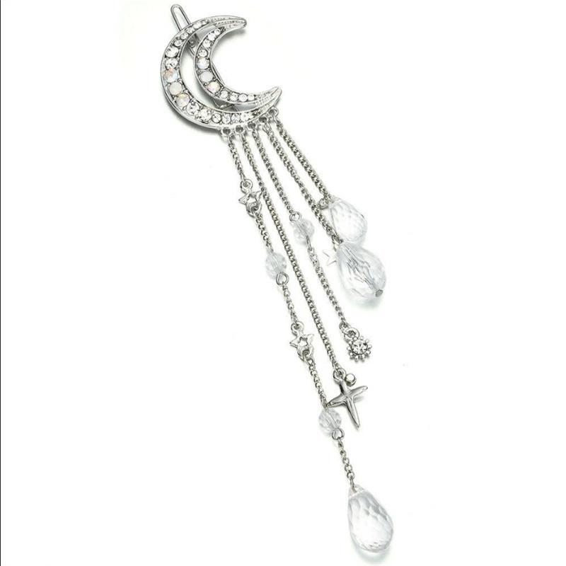 1/3PCS Retro Women's Crescent Star Tassel Hairpin with Diamond Crystal Moon Star Girl Edge Clip Hairpin