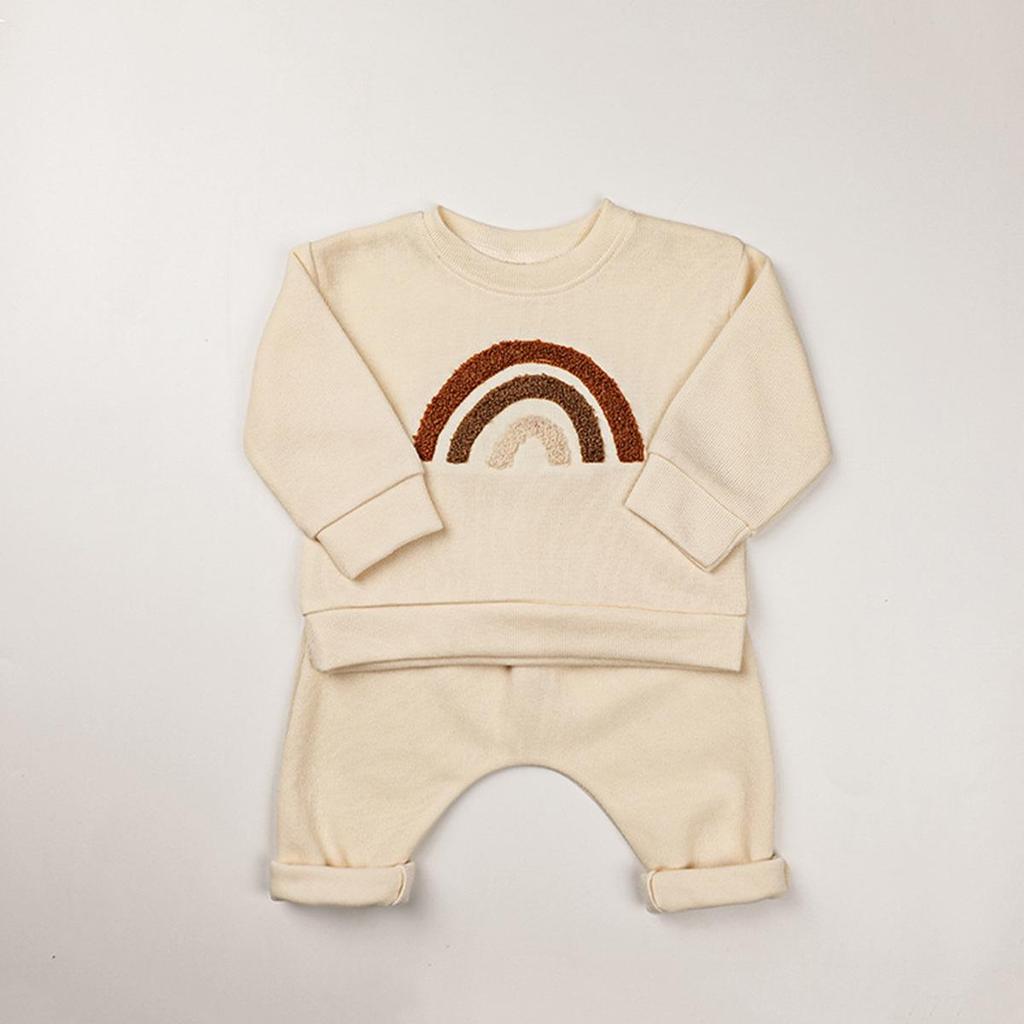 2025 Frühling/Herbst Europäischer & Amerikanischer Stil Regenbogen Rundhals Kleinkind Baumwoll-Pullover & Lange Hosen Set