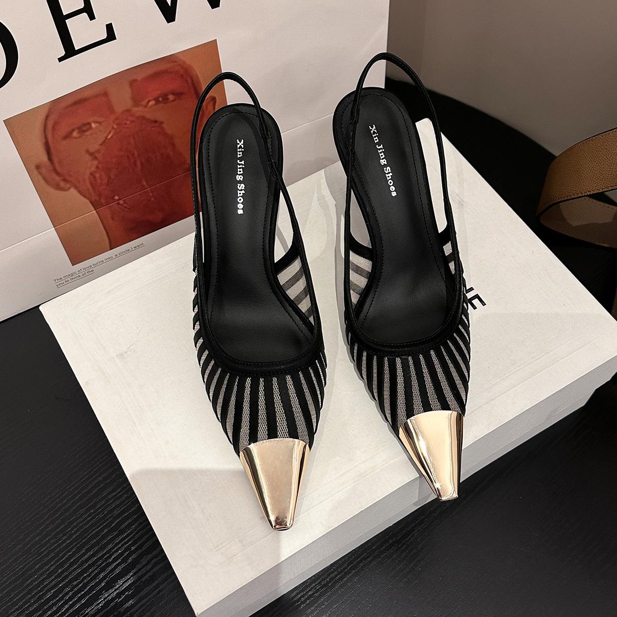 

619-2 temperament striped pointed high heels women s versatile fashion mesh stitching hollow commuter bag head sandals women 35