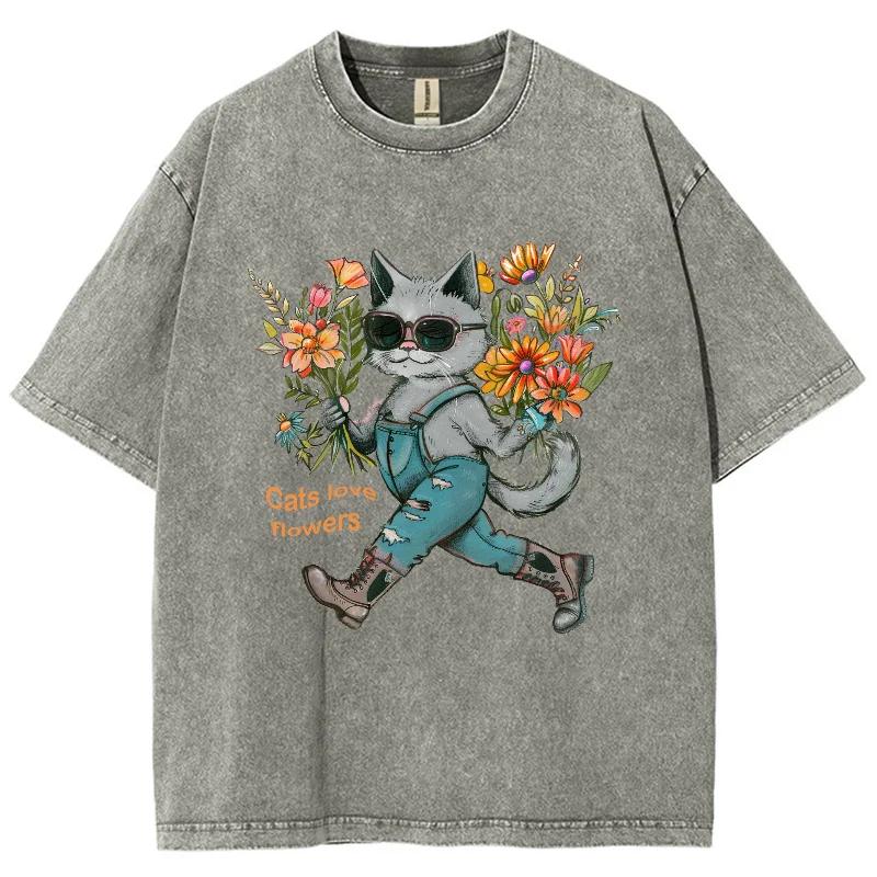 Cute Blue Cat Anthropomorphic Print Women's T-Shirt Loose Wash Oversized Short Sleeve Fashion Design Funny Style Top