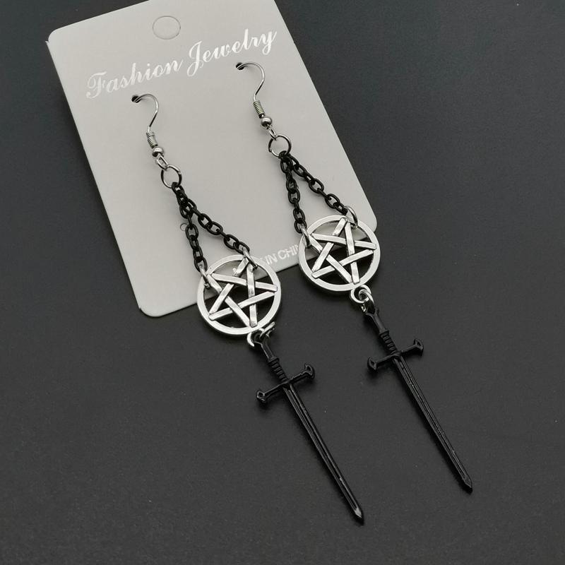 Witch's Rites Earrings Pentagram Pendant Darkly The Sacred Black Sword Gothic Jewelry Fashion-forward Black Chain Women Gift