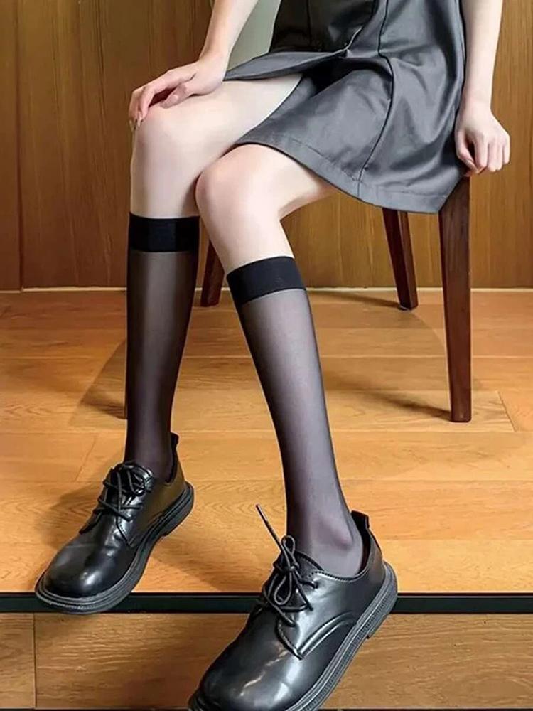 4 Pairs Black White Semi Transparent Nylon Socks Classic Versatile Suitable Daily Wear They Comfortable Breathable Casual Socks