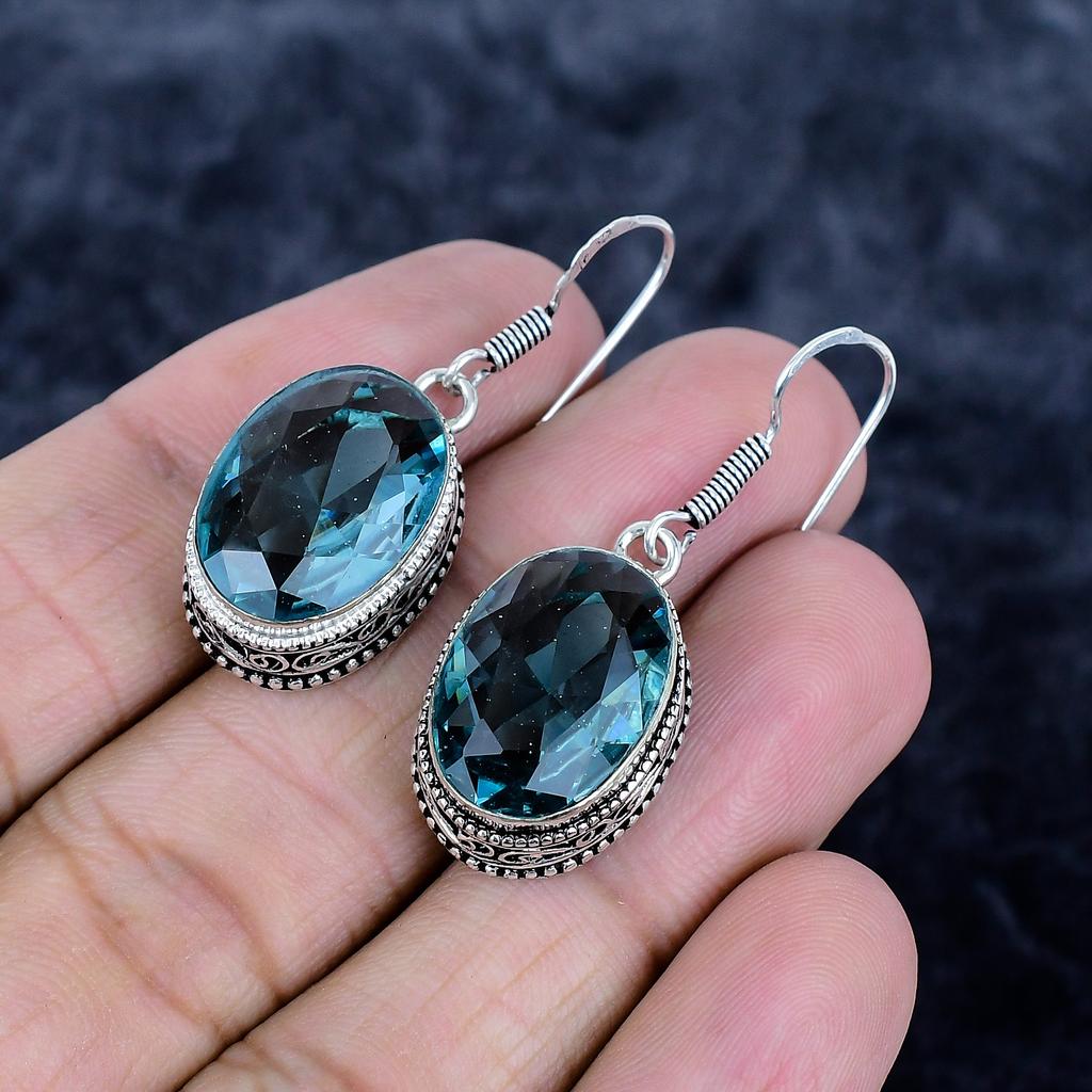 Swiss Blue Topaz Gemstone 925 Sterling Silver Jewelry Earring 1.58" MM-3477