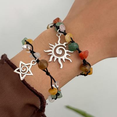 Bracelet Bohème en Pierres Naturelles Irrégulières et Perles, Bracelet Créatif Tressé Spirale Étoile.