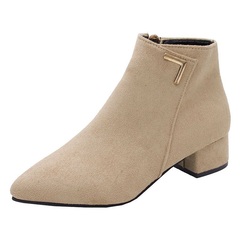 2025 Autumn and Winter New Pointed Toe Bare Boots Thick Heel Thin Leg Martin Boots Women's Velvet Low-top Versatile Women's Short Boots Large Size