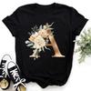 Gold Floral Alphabet A-Z Letter Combination Fashion Women T-shirt Letter Font A-Z Short Sleeve Tops Black T-shirt Female