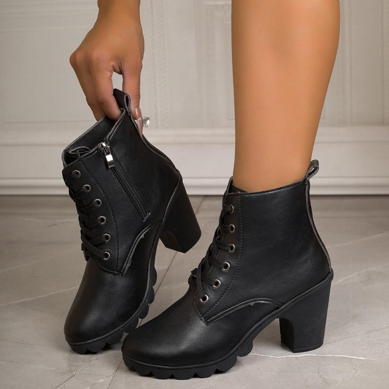 Fashion Stylish Strappy Front Heels Fall New Round Toe Side Zip Platform Anti-Slip Wear-Resistant Booties