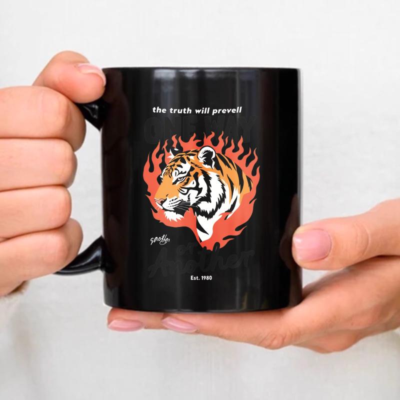 Ceramic mug with black tiger flame design with Truth will win text is suitable for coffee, tea and daily use чёрный