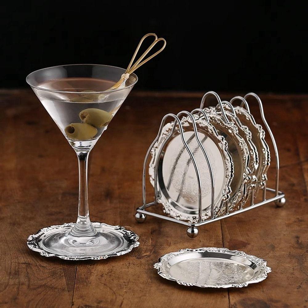 7 Pcs/set Zinc Zinc Zinc Alloy European Decor Racks Carved Metal Cake Tray Patterned Cup Mat  Fruit Tray