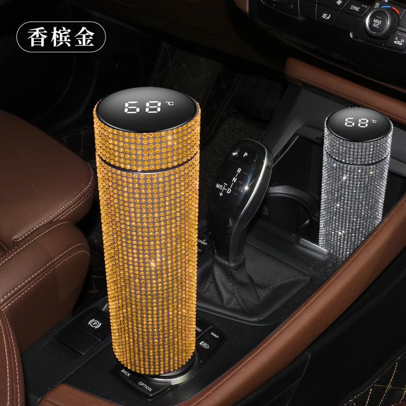 Stainless Steel Temperature Display Insulated Tumbler With Rhinestone Decor 500ml Straight Design Travel Cup Office Car