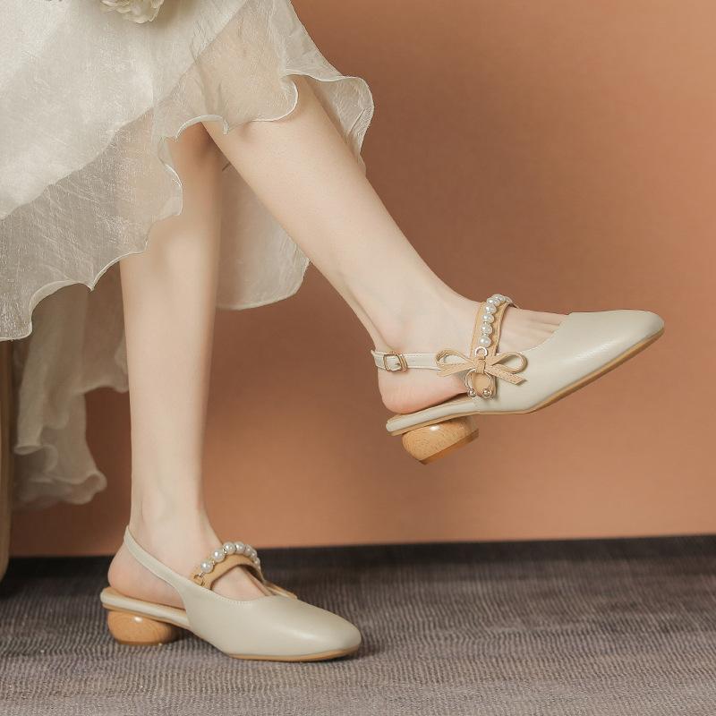Fashion 2025 New Women Vulcanized Sandals Open Back Round Toe Pearl Bow 3cm Wooden Heel Fashion Casual Summer Shoes