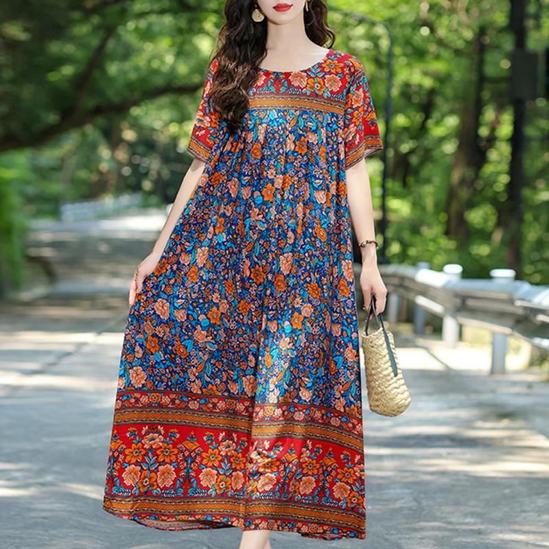 Elegant Summer Loose Dress Woman Vintage Clothes Plus Size Casual Short Sleeve Long Dresses