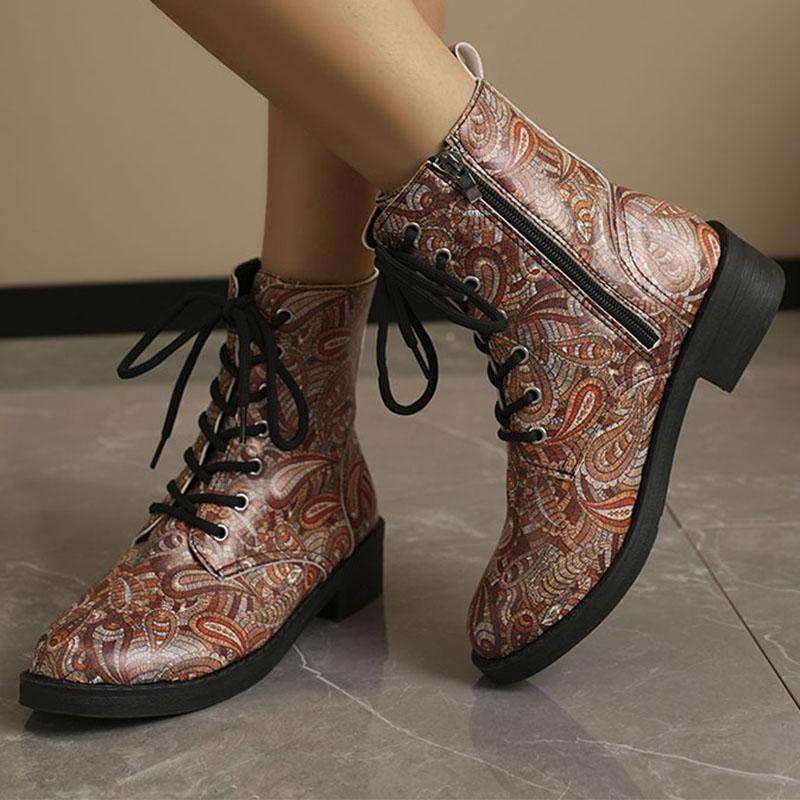Mote 2024 Høst Fargerike Ankelstøvletter med Slangeskinnprint Dame Pu-skinn Snøring Korte Støvletter Moteshow Damestøvletter 35-42