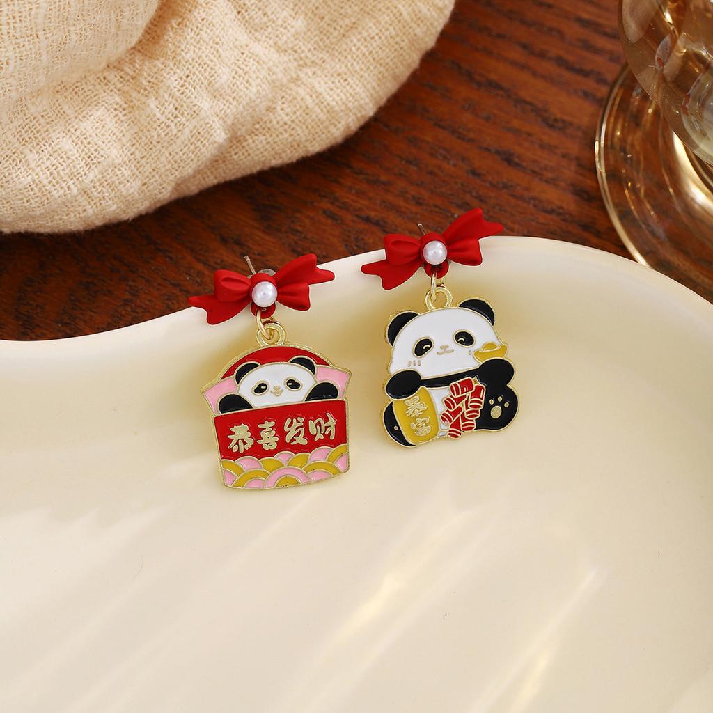 New Year'S Chinese Knot Lantern Cute Panda Earrings, Chinese Style Gong Xi Fa Cai Lucky Bag Pearl Earrings Women