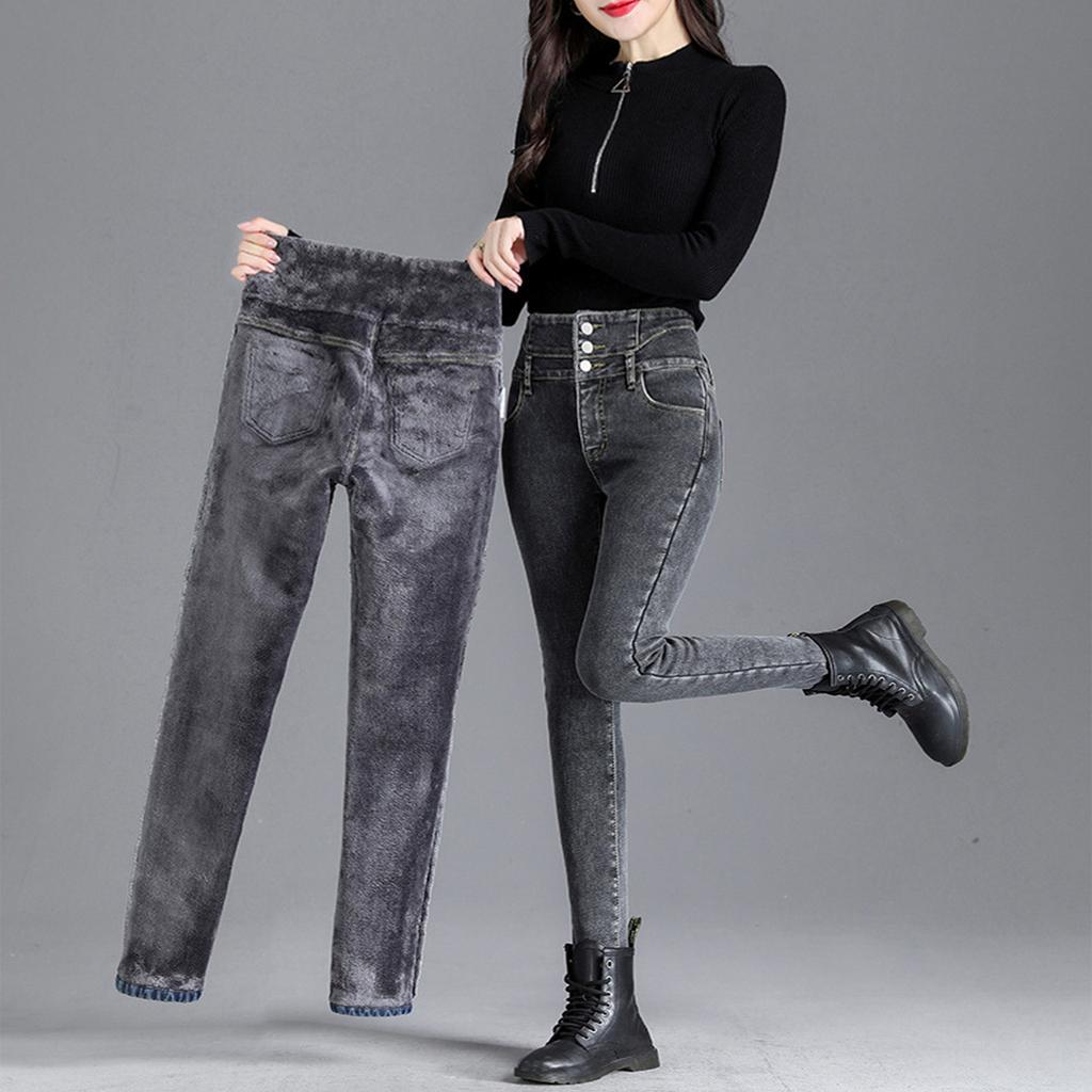 Thickened Velvet High Waisted Jeans For Women's Winter Slimming And High Slim Fit Elastic Leggings, Denim Pencil Pants