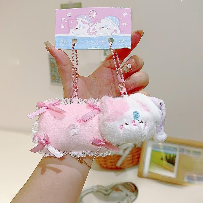 Plush Rabbit And Pillow Keychain With Bow Tie And Nightcap Decor For Cute Bag Accessories