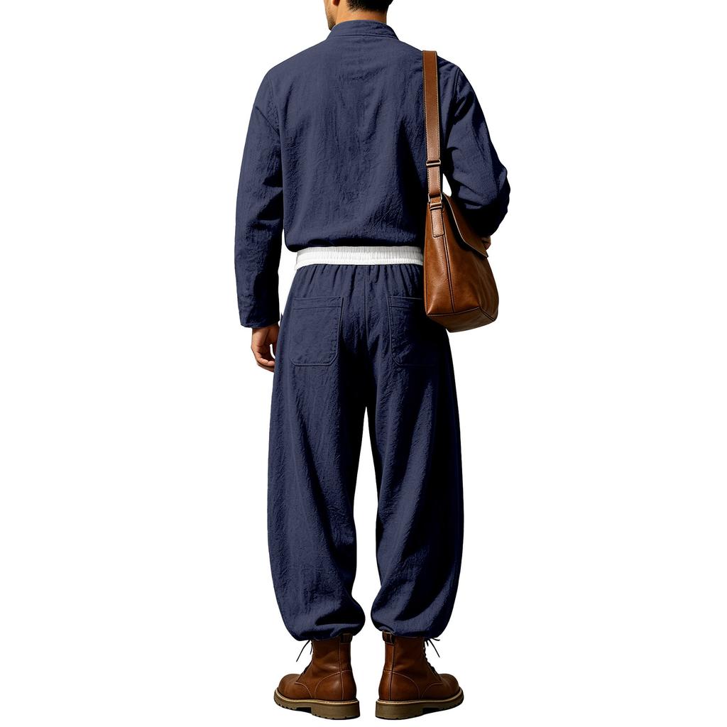 Men's Casual Linen Shirt and Curved Pants Matching 2 Piece Set for Daily Wear