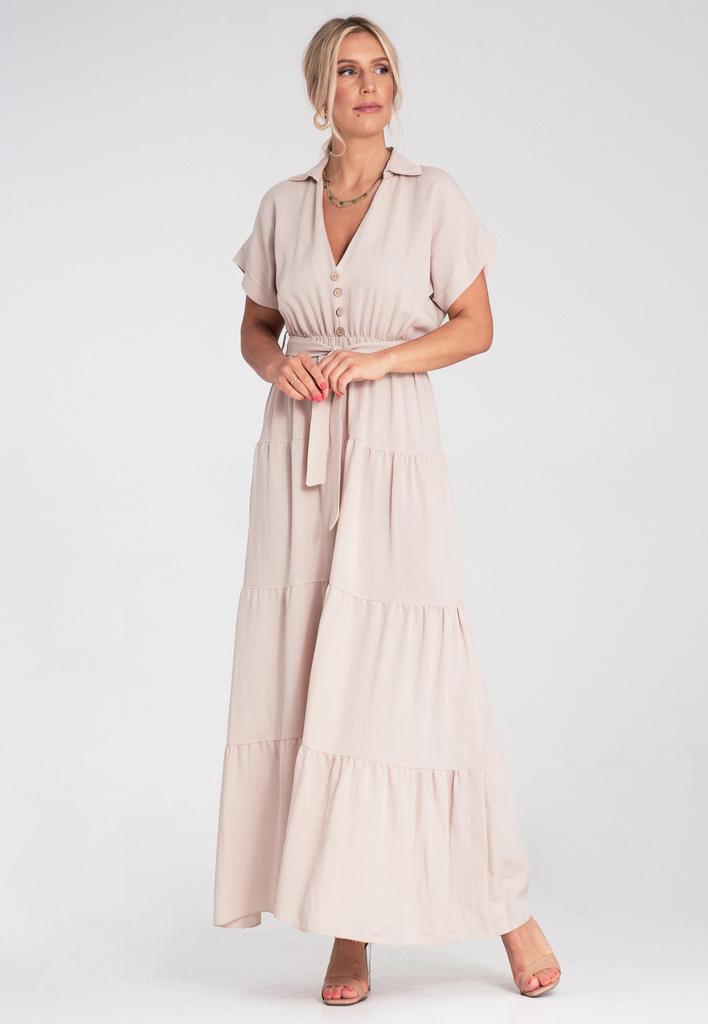Letnia Sukienka Maxi - Sukienka Z Kołnierzykiem I Falbankami - Beżowa M1195 R. S/M