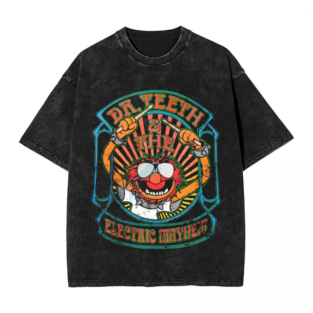 DrTeeth And The Elec woman Men Cotton Washed Hot stamping Print TShirt Harajuku Cotton Tshirt Mens Summer Short Sleeve Tees