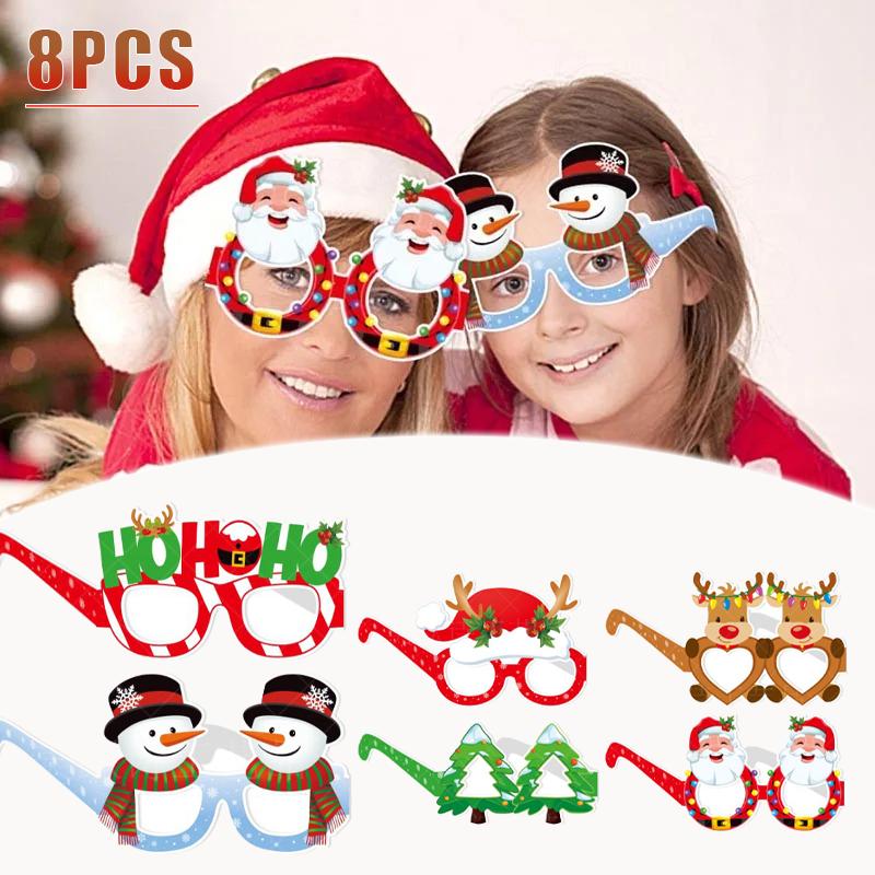 8Pcs/Set Christmas Decorative Glasses Set Reindeer Santa Claus Paper Glasses Party Creative Glasses Children'S Surprise Gift