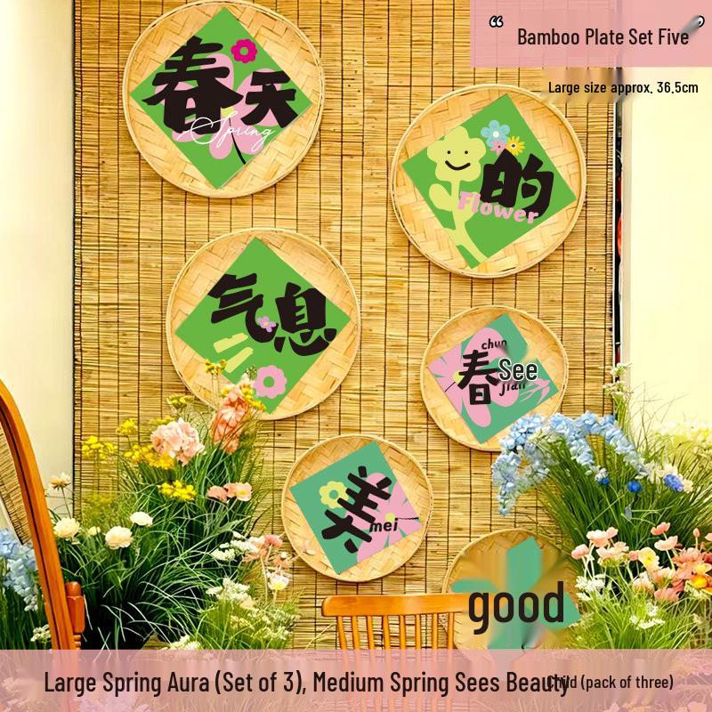 Spring Bamboo Plate Hanging Ornament Set for Teahouse and Homestay Decor & Photography Backgrounds