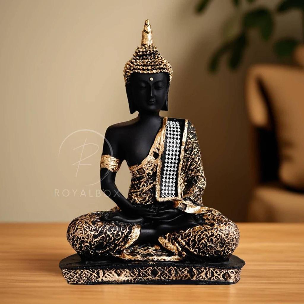 Meditating Buddha Statue For Home Decor Idol Decorative Showpiece - 17 Cm  (Polyresin, Gold)