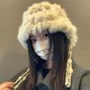 Rabbit fur flower knitted plush hat women's autumn and winter thickened warm face basin hat small versatile fringed bucket hat