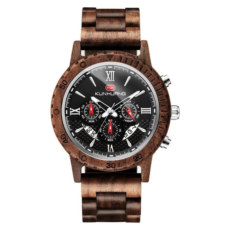 Men Natural Walnut Wood Watch Multifunctional Chronograph Quartz Wristwatch Roman Numeral Dial Sport Wooden Band Watch