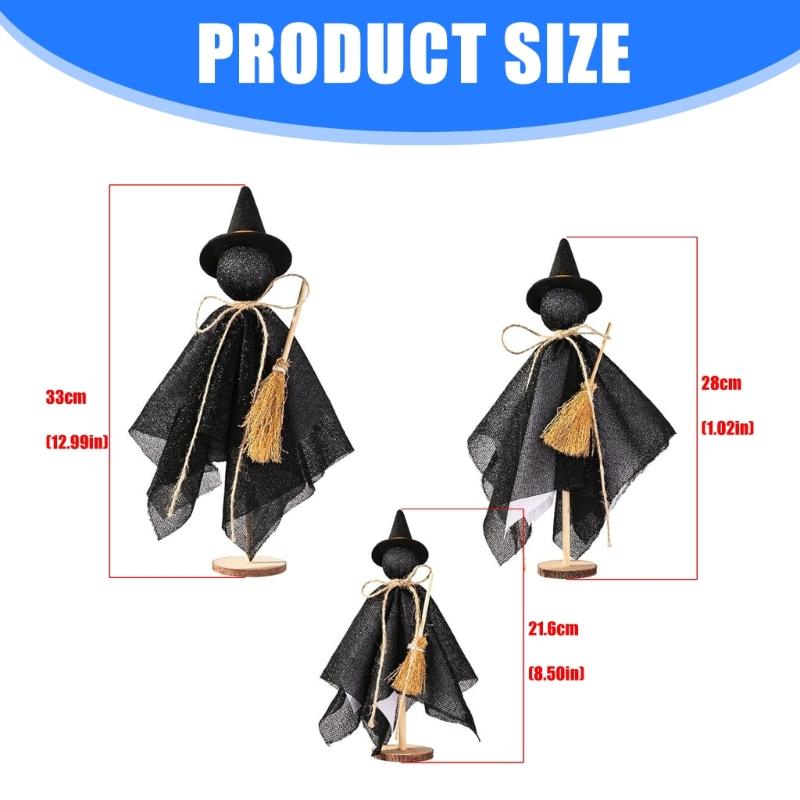 3 Piece Cotton Fabric Witch Specter Decorations For Halloween Home Party Display Wooden Base Accessories Set