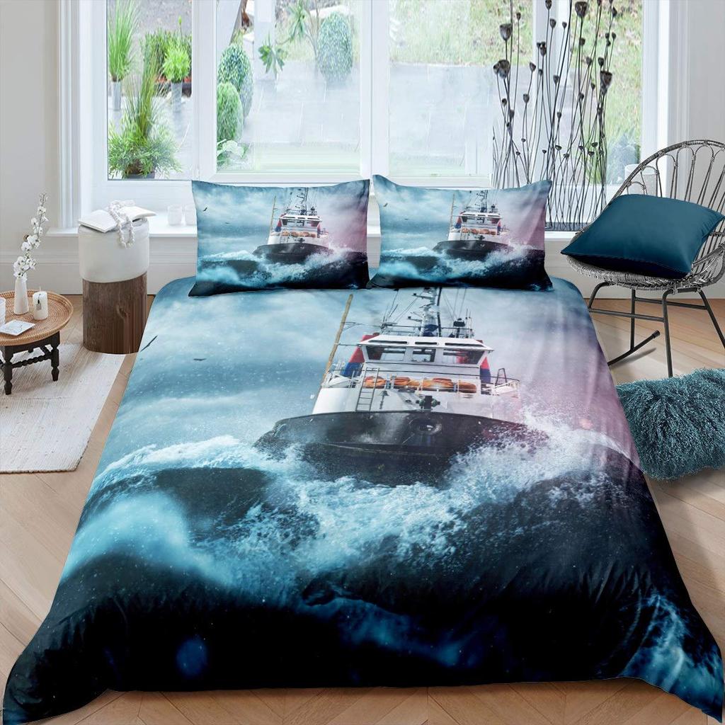 Pirate Duvet Cover Set Queen Sailboat Comforter Set Nautical Ocean Bedding Set Cool Style Quilt Cover Wave Print Decor Bedspread