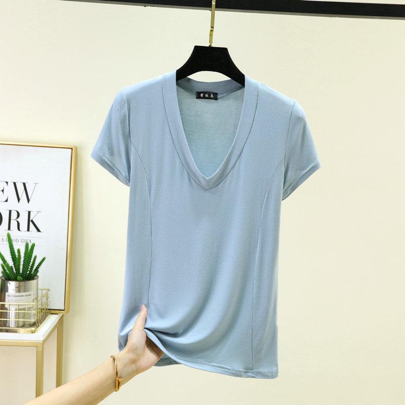 Plus size L to 6XL Modal V-Neck T-shirt Short sleeved Tees Women Ultra-thin Layering Top solid color base layer tops