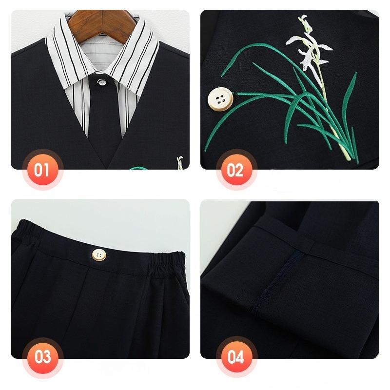 Kids Boys Chinese Style Formal Suit Set Orchid Embroidered Vest Striped Shirt Pants Gentleman Outfit for Wedding Birthday Party