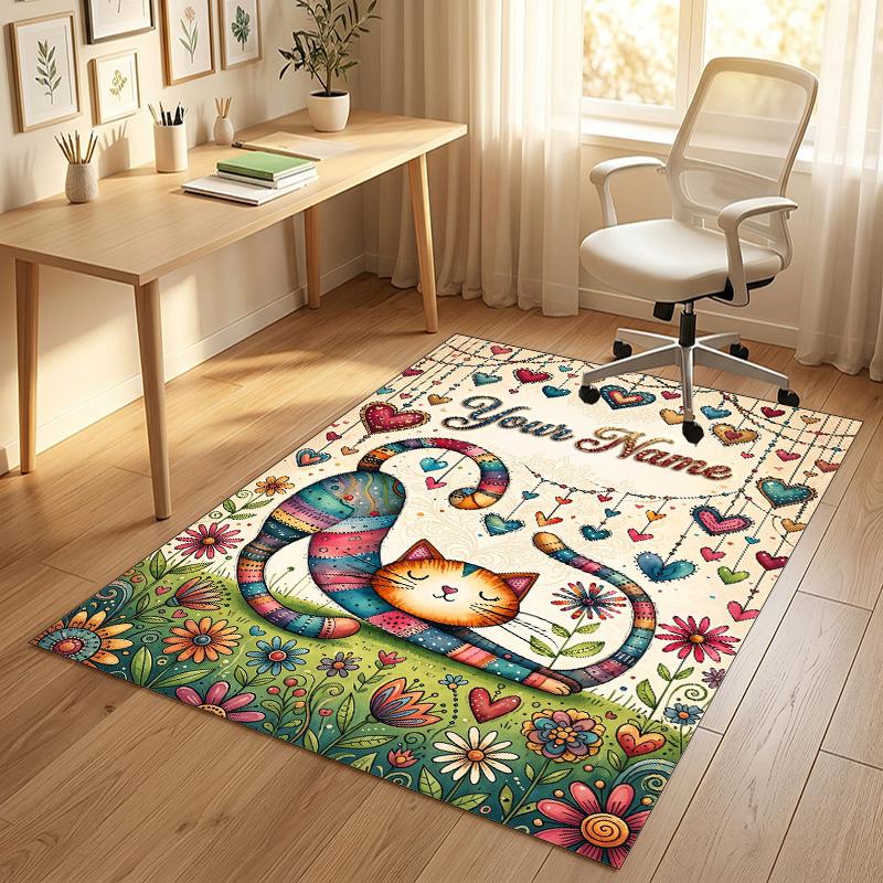 Colorful Cat Theme Soft Crystal Velvet Rug Custom Name & Text Print Non Slip Floor Rug for Bedroom Living Room