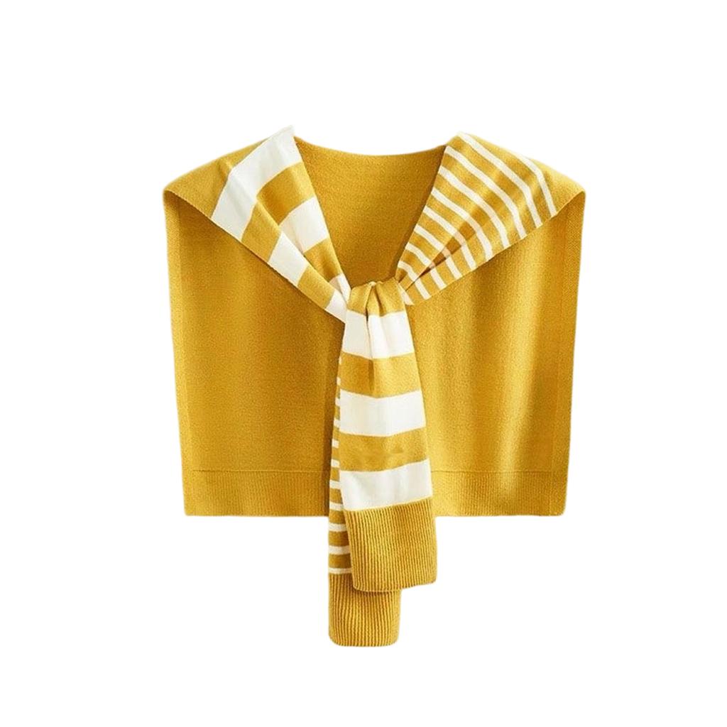 Ladies' Fashionable Shirt Draped Over A Shawl, Paired With A Striped Knitted Scarf