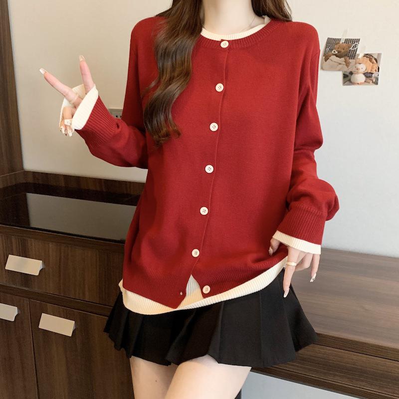 

Plus Size 2024 Early Spring Sweet Knit Two-Piece Round Neck Sweater Jacket for Women L красный