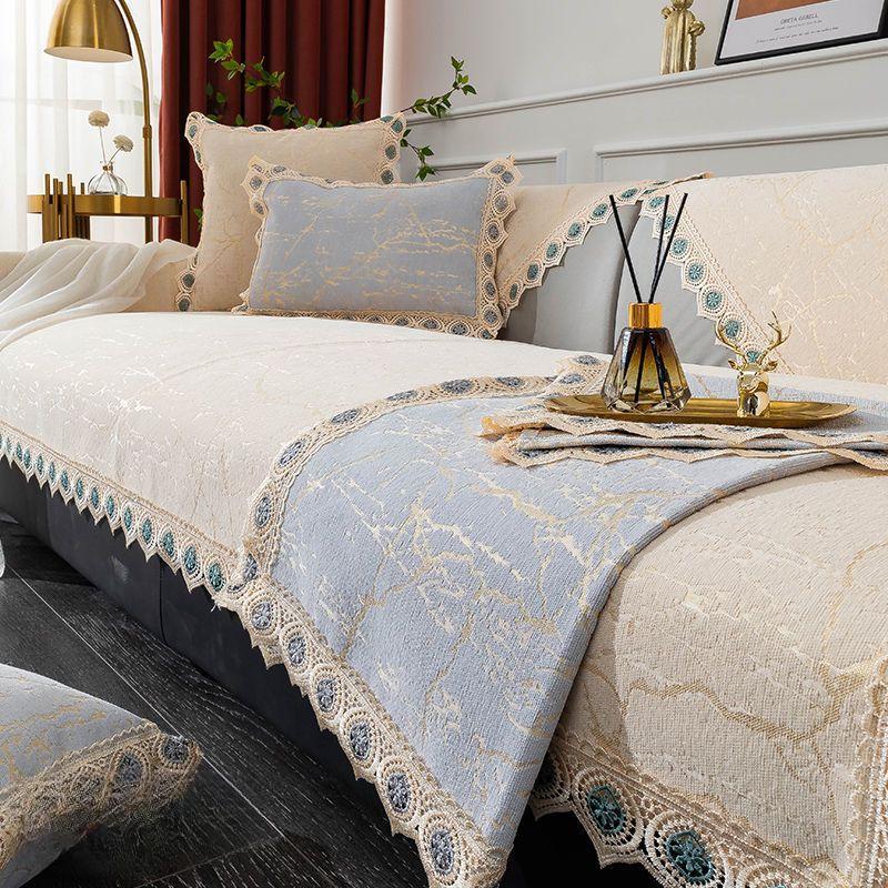Capa de sofá jacquard com fio dourado europeu, almofada de sofá em tecido chenille antiderrapante, fronha universal para quatro estações, apoio de braço, toalha