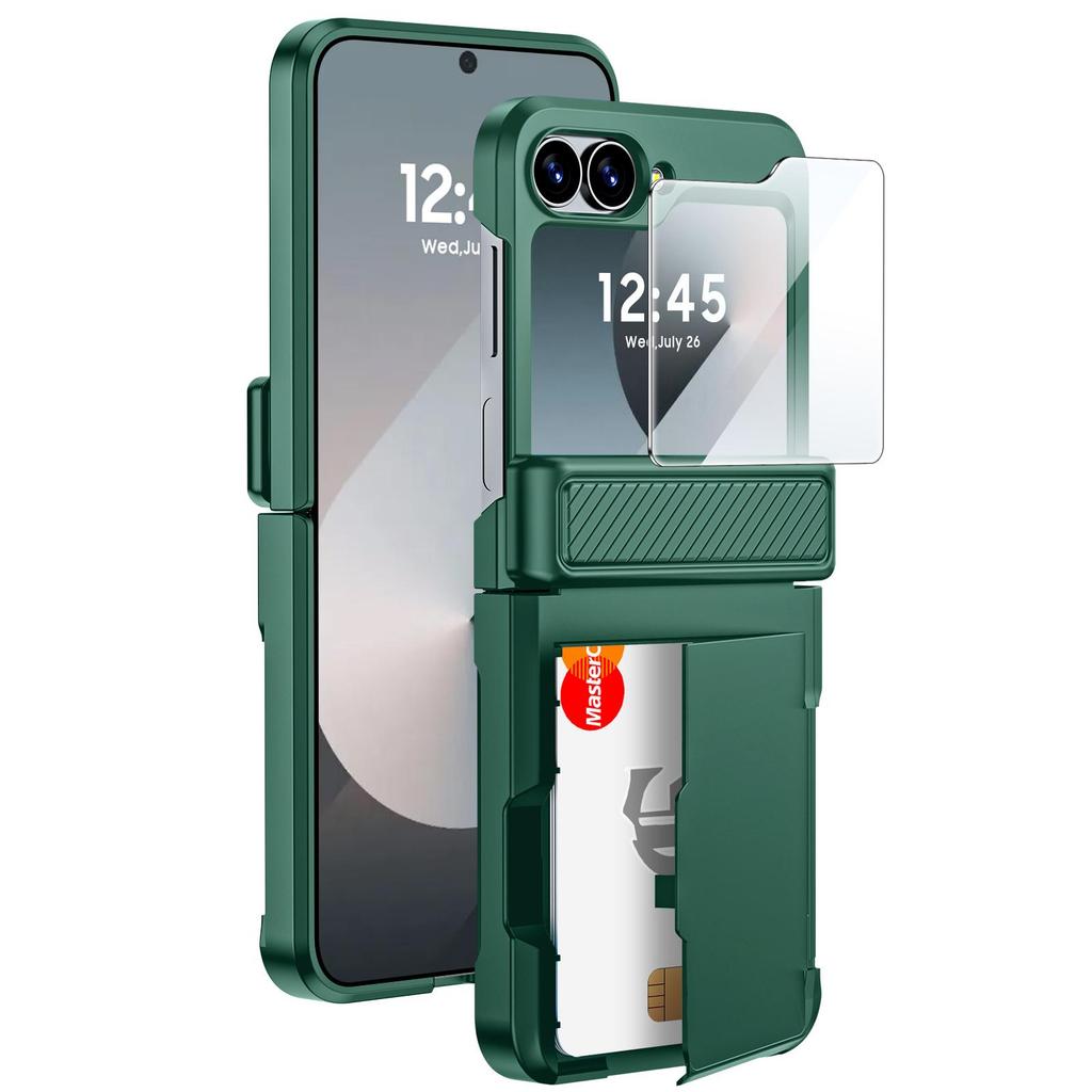 For Samsung Galaxy Z Flip 6 with Card Holder [RFID Blocking] & Hinge Protection & HD Screen Protector,Rugged Anti-Scratch Phone Case-Black