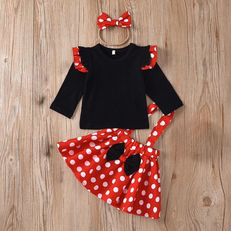 Girl Dress with Headband Baby Clothing Set Kid Dots Cosplay Tops and Skirt Children Black Red Outfit Minnie Bowknot Costume