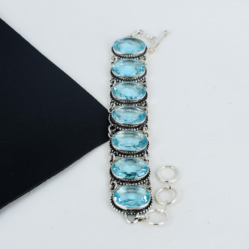 Dainty Aquamarline Gemstone Handmade 925 Sterling Silver Bracelet, Aquamarline Bracelet For Wife , Unisex Bracelet, Party Wear Gift